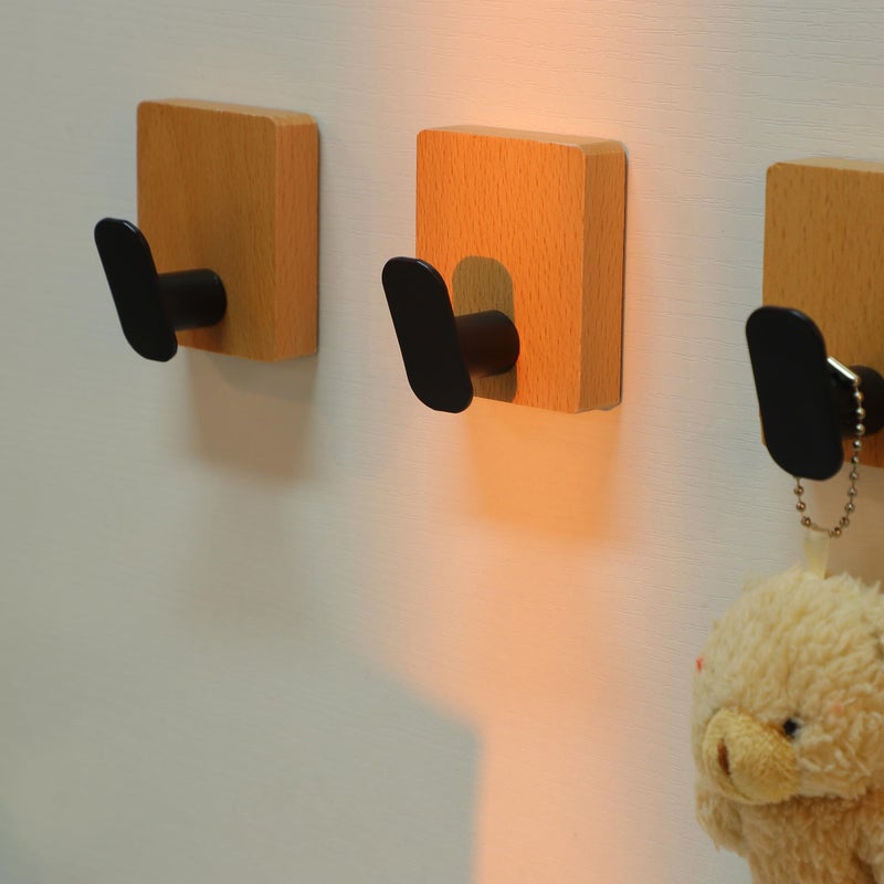 DELITON Towel Hooks Wall Mounted - Adhesive Bathroom Coat Hooks for Hanging Robes Clothes Light Brown, Black Solid Wood Beech Wall Hook 4 Packs - Image 5